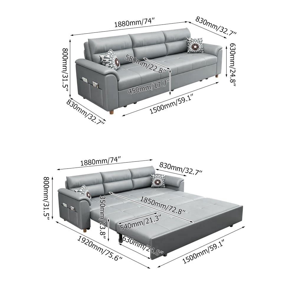74" Queen 2-Seater Leath-aire Sleeper Sofa weights dimensions image