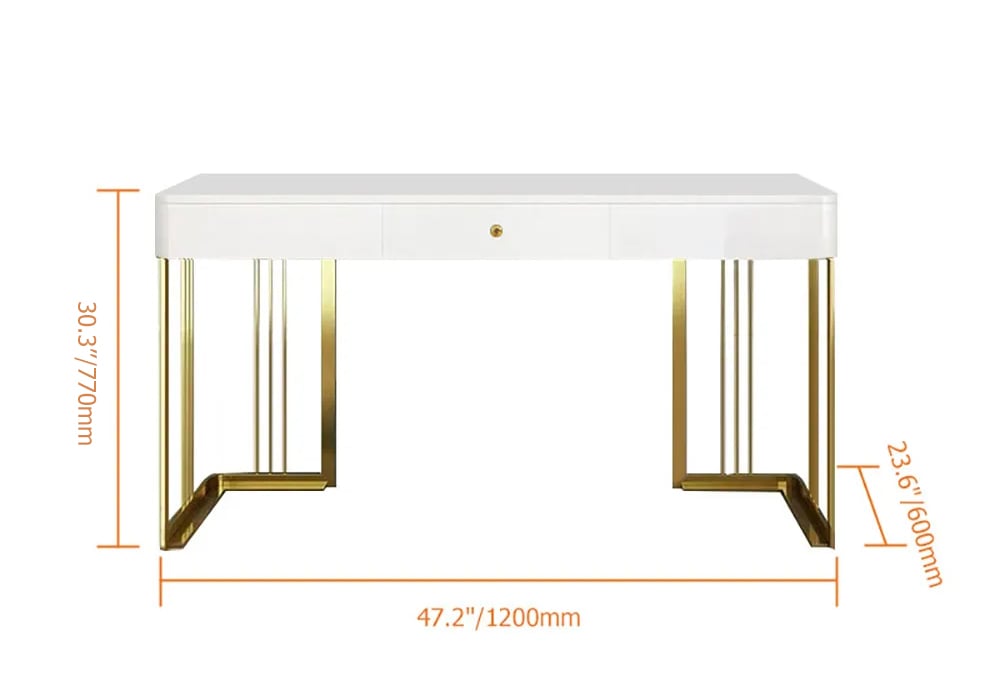 47" Glossy White Wooden Writing Desk Modern Desk Computer Desk with Drawers in Gold Base weights dimensions image