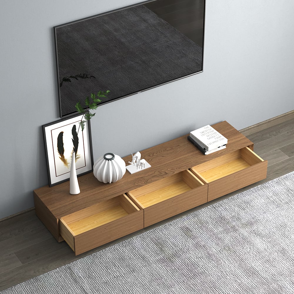 Otázky a odpovědi pro Morami Modern Walnut Obdélníkový televizní stojan Dřevěná mediální konzole 3 zásuvky pro televizory do 85"