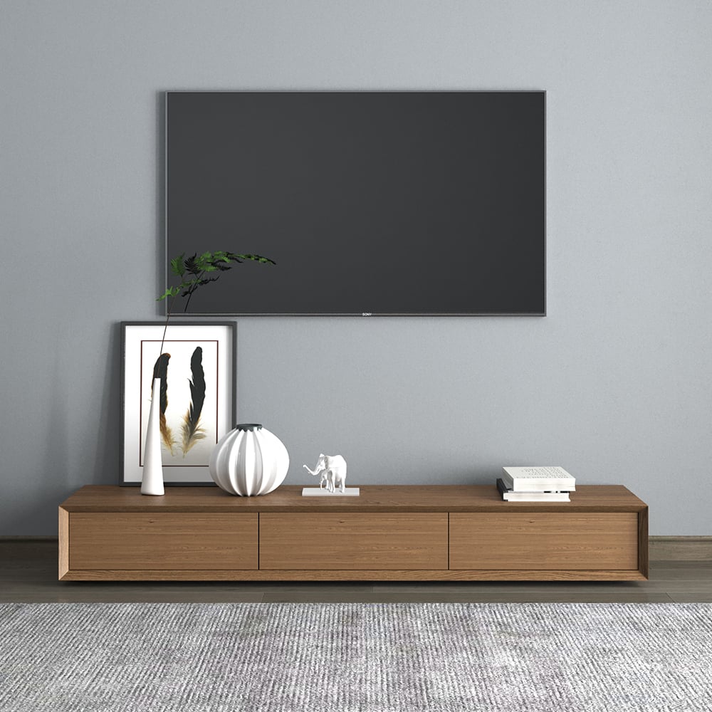 Otázky a odpovědi pro Morami Modern Walnut Obdélníkový televizní stojan Dřevěná mediální konzole 3 zásuvky pro televizory do 85"