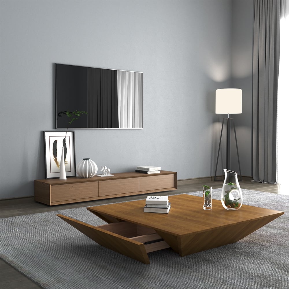 Otázky a odpovědi pro Morami Modern Walnut Obdélníkový televizní stojan Dřevěná mediální konzole 3 zásuvky pro televizory do 85"