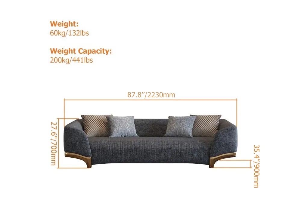 87" Gray 3-Seat Cotton & Linen Upholstered Sofa with Pillows Gold Legs weights dimensions image