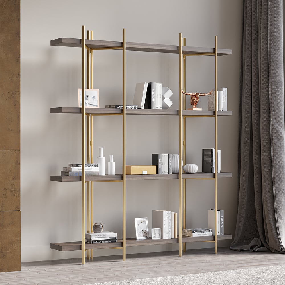 Questions and Answers for Modern 1800mm Standing Etagere Bookshelf with Open Storage in Walnut & Gold