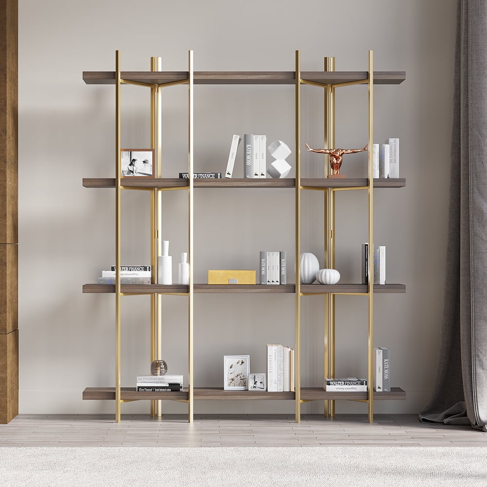 Questions and Answers for Modern 1800mm Standing Etagere Bookshelf with Open Storage in Walnut & Gold