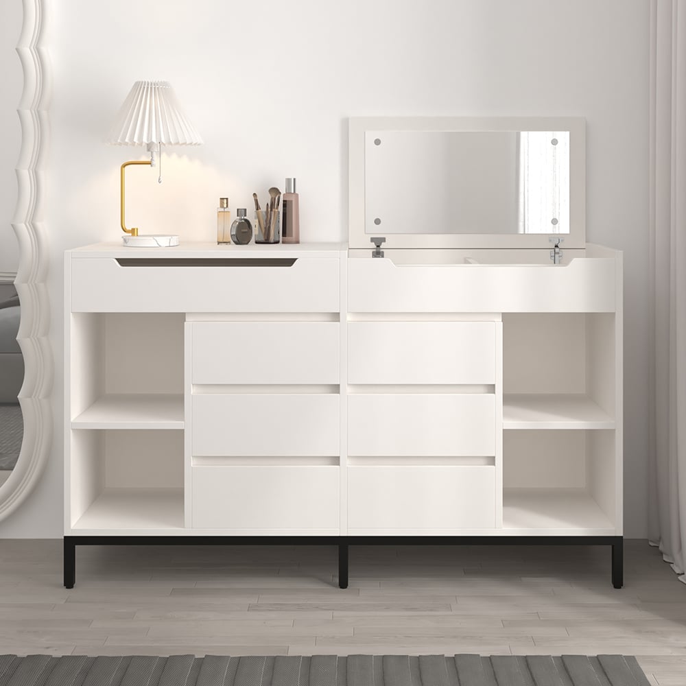 Questions et Réponses pour Commode de chambre moderne avec 8 tiroirs, commode, miroir et meuble de rangement