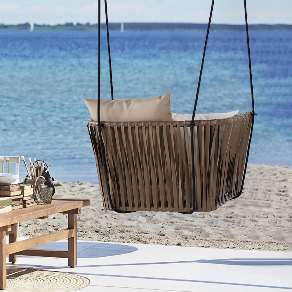 Questions and Answers for Traditional Outdoor Hanging Chair Rattan Porch Swing Chair with Khaki Cushion Pillow