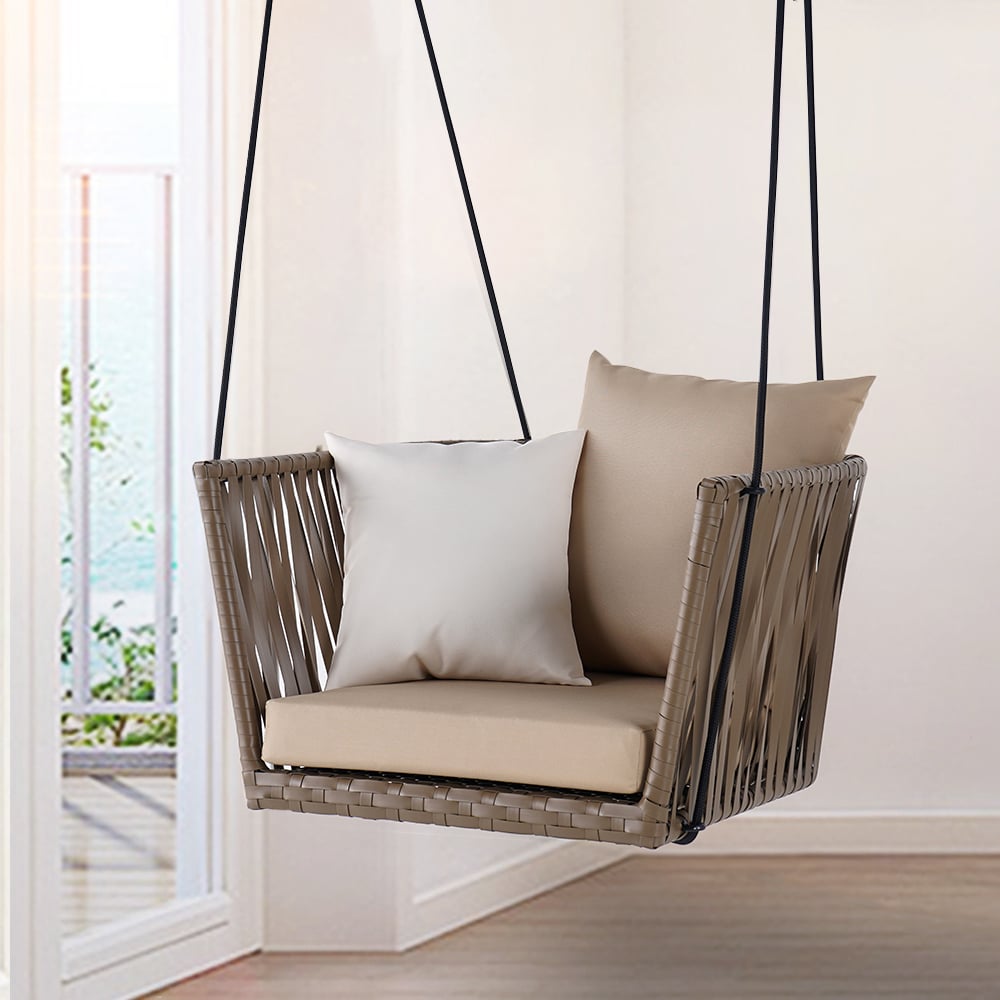 Questions and Answers for Traditional Outdoor Hanging Chair Rattan Porch Swing Chair with Khaki Cushion Pillow