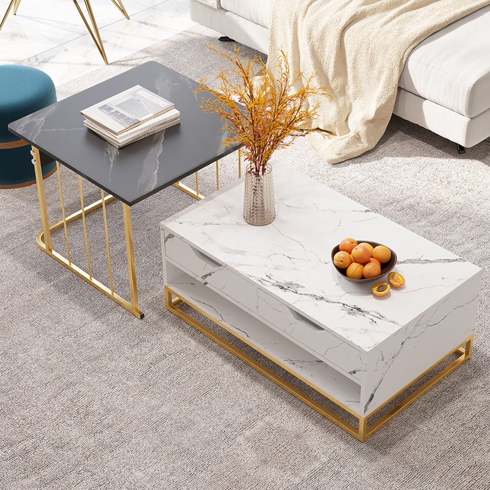 Questions and Answers for Modern Wood Nesting Coffee Table Set of 2 with Drawers & Shelves in Black & White