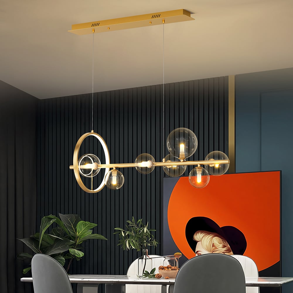 Questions and Answers for Bubi Modern 7-Light Gold Linear Kitchen Island Light with Glass Globe Shade