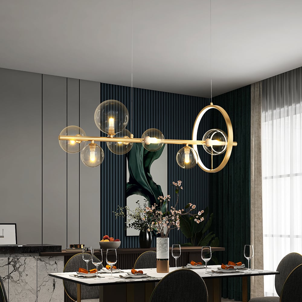 Questions and Answers for Bubi Modern 7-Light Gold Linear Kitchen Island Light with Glass Globe Shade