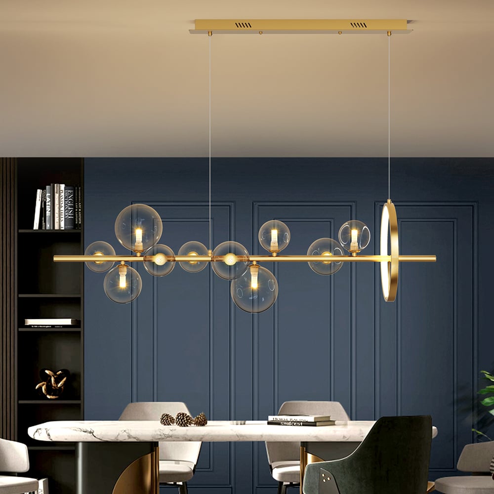 Domande e risposte per Bubi Lampada da cucina lineare moderna a 10 luci in oro con paralume a globo in vetro