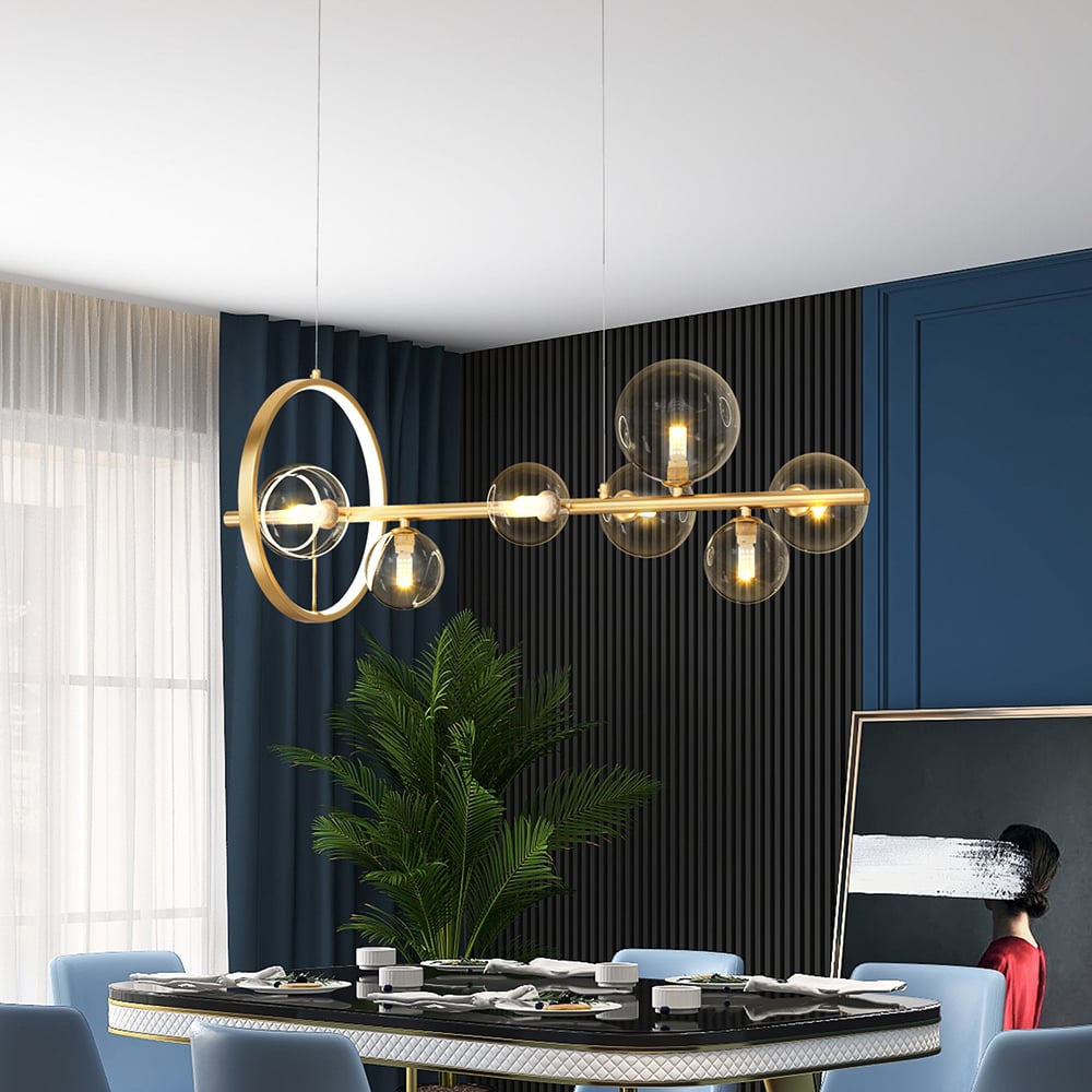 Questions and Answers for Bubi Modern 7-Light Gold Linear Kitchen Island Light with Glass Globe Shade