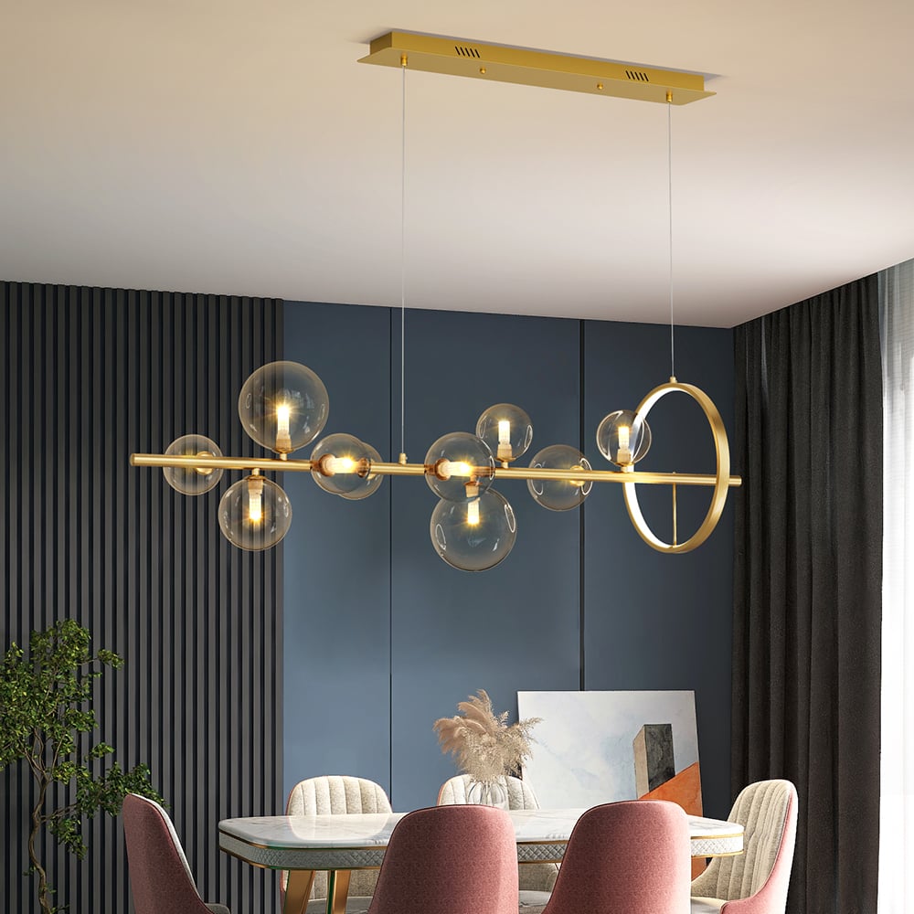 Domande e risposte per Bubi Lampada da cucina lineare moderna a 10 luci in oro con paralume a globo in vetro