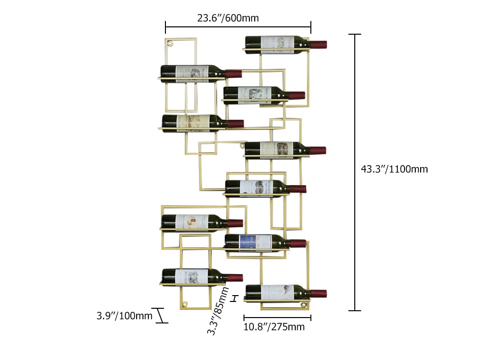 10-Bottle Modern Geometric Wall Mounted Wine Rack weights dimensions image