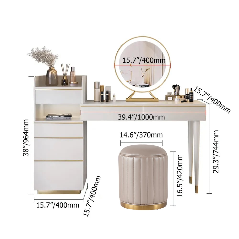 Off-white Makeup Vanity Set Dressing Table with Lighted Mirror Cabinet & Stool Included weights dimensions image