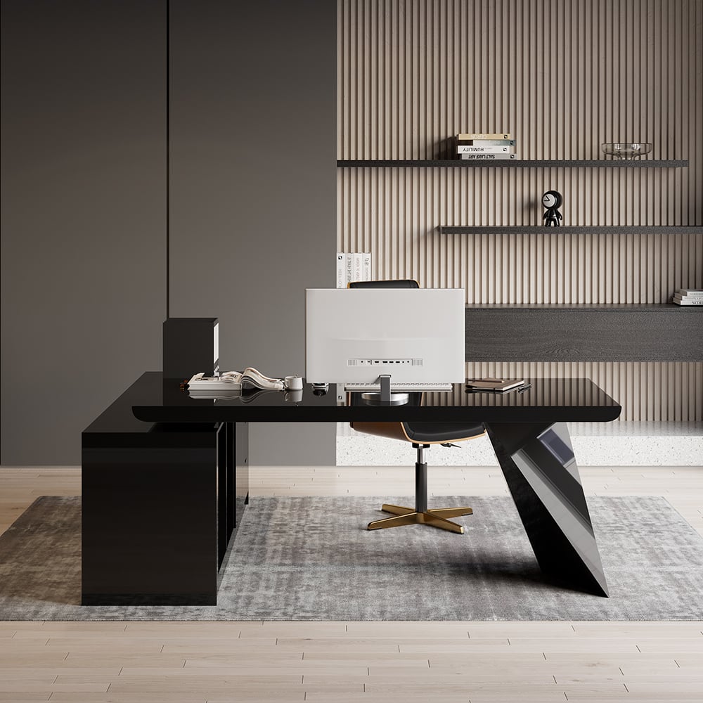 Perguntas e respostas para Mesa executiva moderna em forma de L com gavetas e armário, para a mão direita