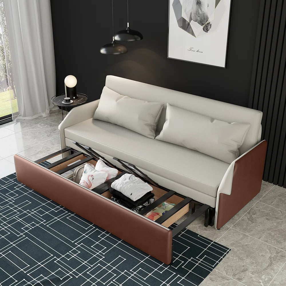 Questions and Answers for 1950mm Modern Beige & Brown Convertible Storage Full Sleeper Sofa Leath-Aire Upholstery