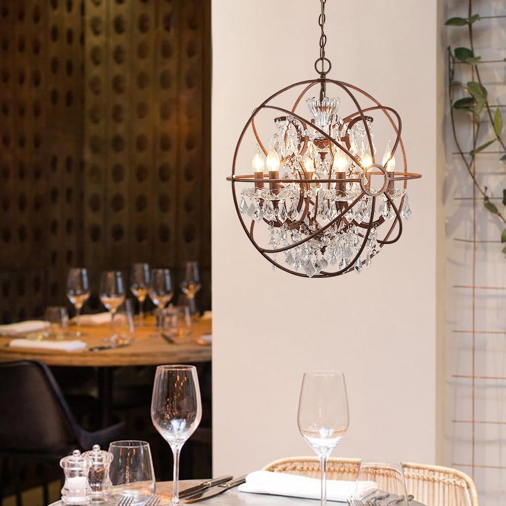 Questions and Answers for Modern 6 Lights Clear Crystal Rust Metal Orb Chandelier