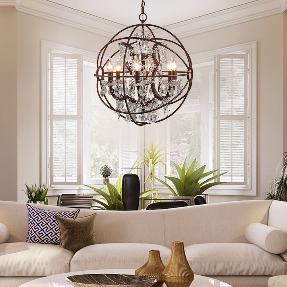 Questions and Answers for Modern 6 Lights Clear Crystal Rust Metal Orb Chandelier