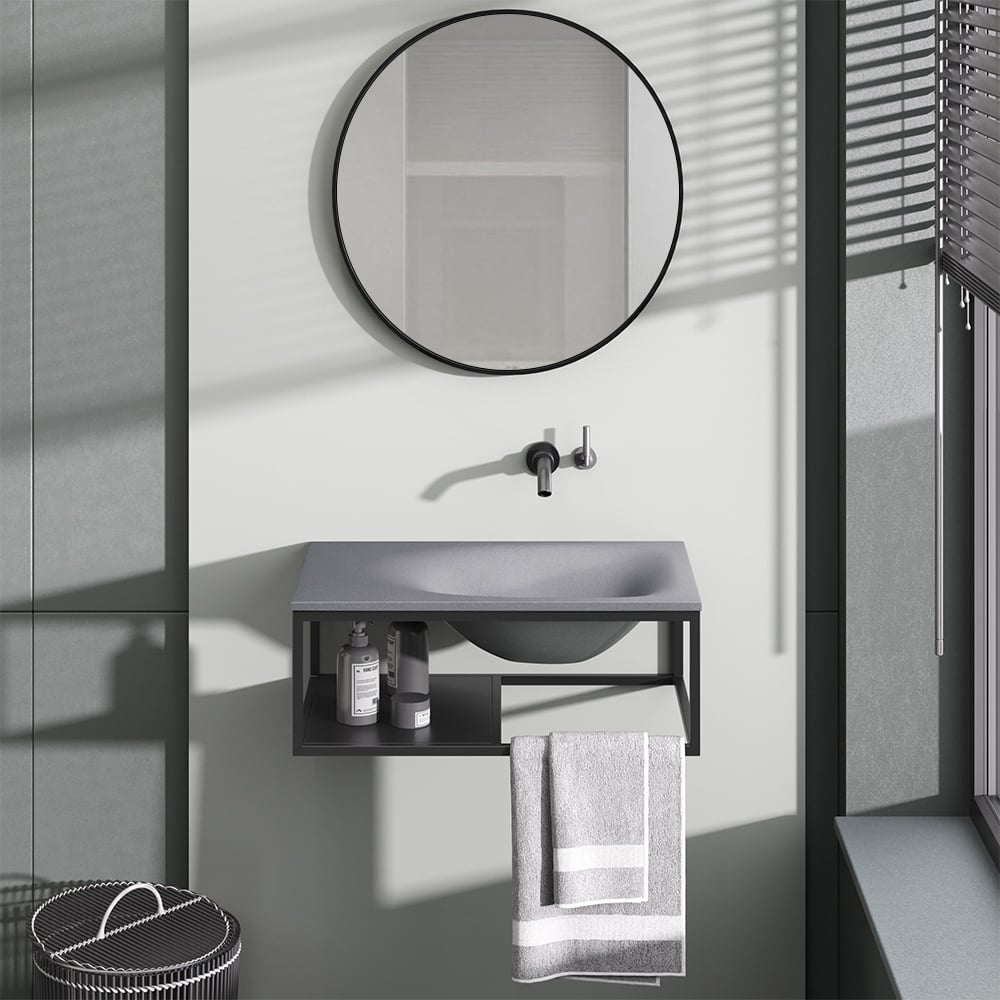 Perguntas e respostas para Pia de banheiro flutuante industrial de concreto de 24", suporte de parede com barra de toalha e prateleira em cinza