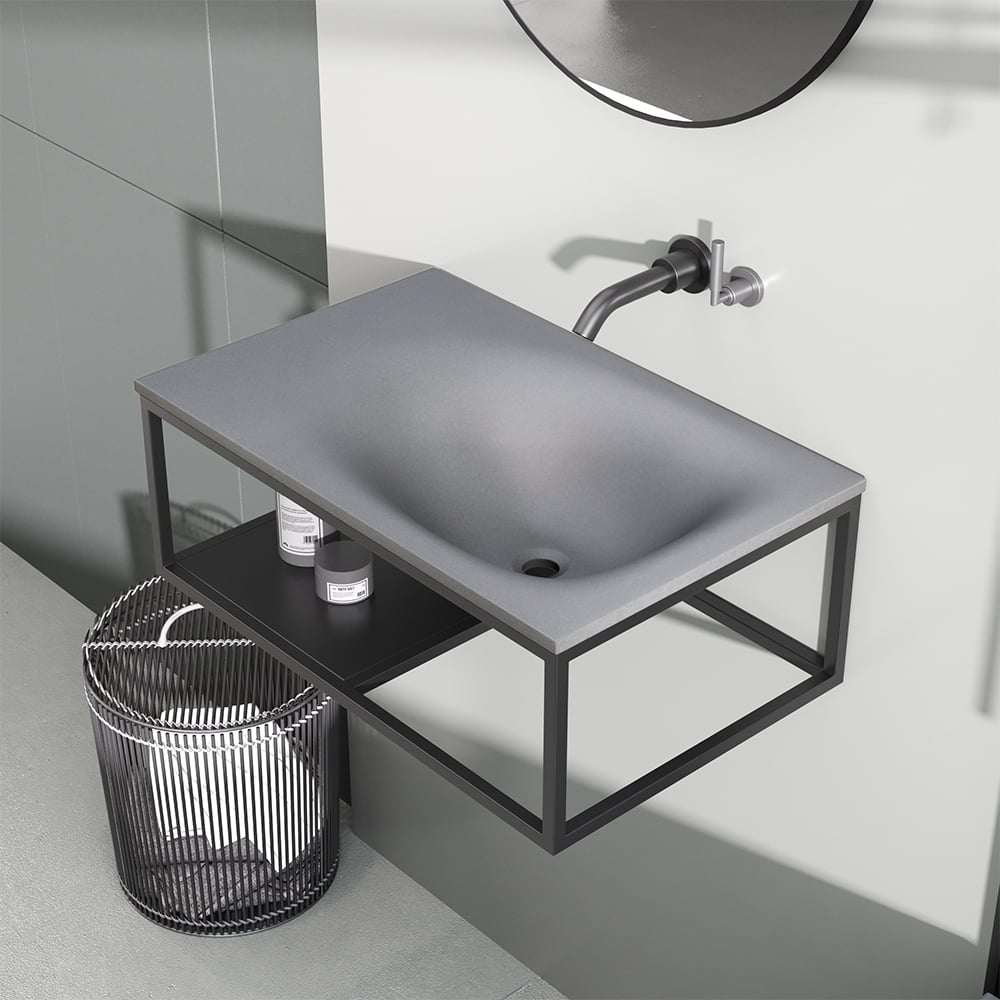 Perguntas e respostas para Pia de banheiro flutuante industrial de concreto de 24", suporte de parede com barra de toalha e prateleira em cinza