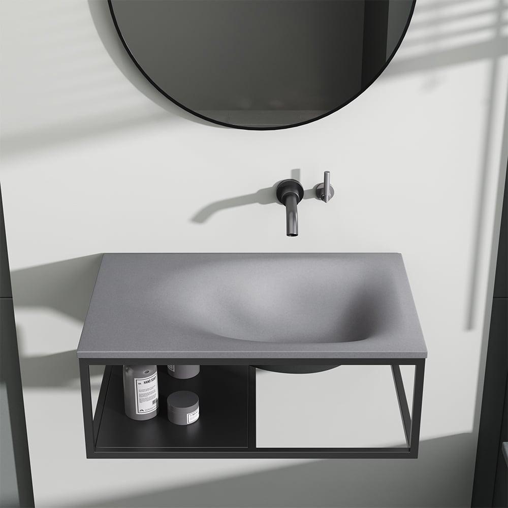Perguntas e respostas para Pia de banheiro flutuante industrial de concreto de 24", suporte de parede com barra de toalha e prateleira em cinza