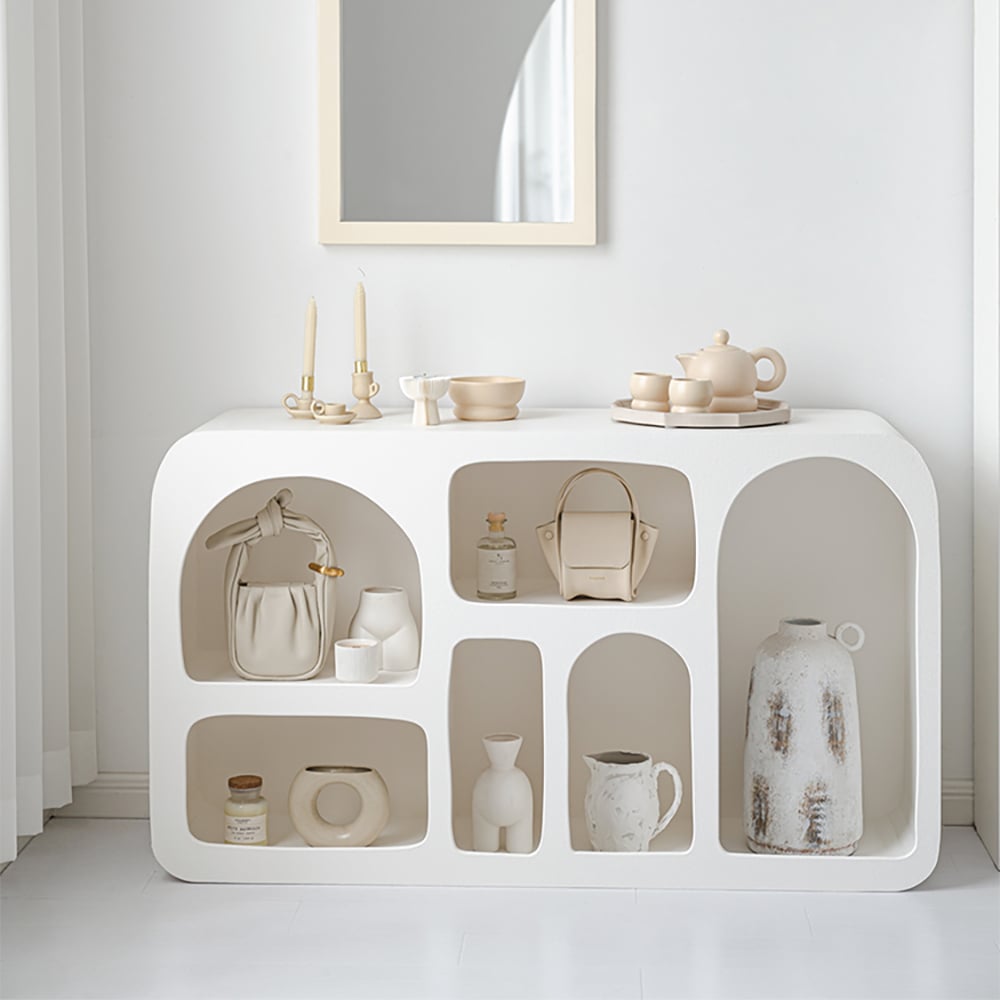 Questions and Answers for Codiys Art Deco Storage Japandi Console Table White Arched Shelves Entryway Cabinet