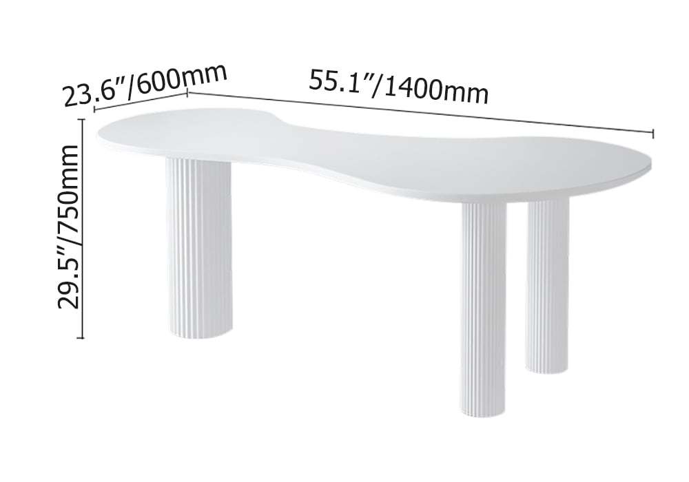 55.1" White Curved Pedestal Writing Desk with 3 Legs for Home Office weights dimensions image