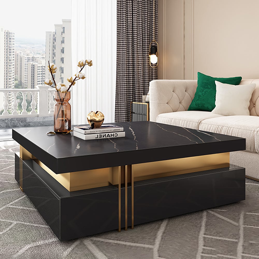 Questions and Answers for Trimied 1100mm Modern Black Square Storage Coffee Table Stone Top & 4 Wood Drawers
