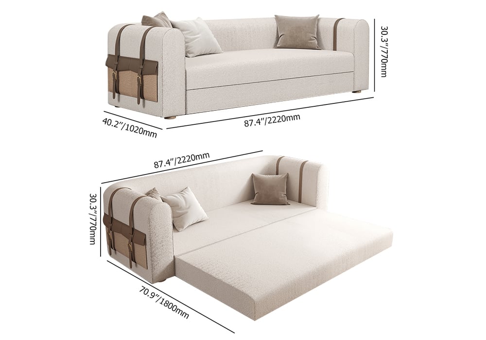 87" Modern White Boucle 3-Seater Sofa Upholstered Convertible with Side Storage weights dimensions image