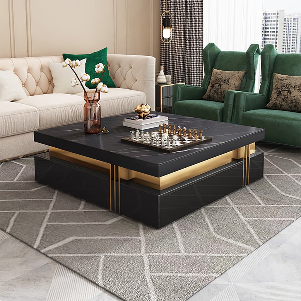 Questions and Answers for Trimied 1100mm Modern Black Square Storage Coffee Table Stone Top & 4 Wood Drawers