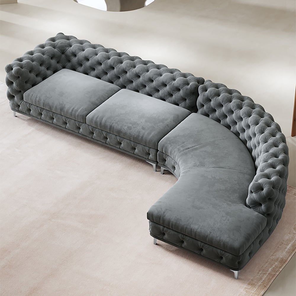 Questions and Answers for L-Shaped Curved Gray Sectional Sofa Upholstered Velvet Chesterfield Sofa
