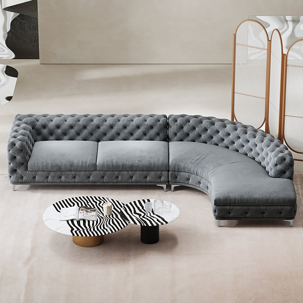 Questions and Answers for L-Shaped Curved Gray Sectional Sofa Upholstered Velvet Chesterfield Sofa