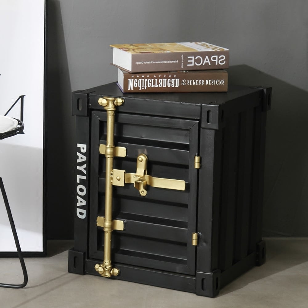 Perguntas e respostas para Mesa de cabeceira preta industrial Ctainer com armazenamento e prateleira com alça dourada
