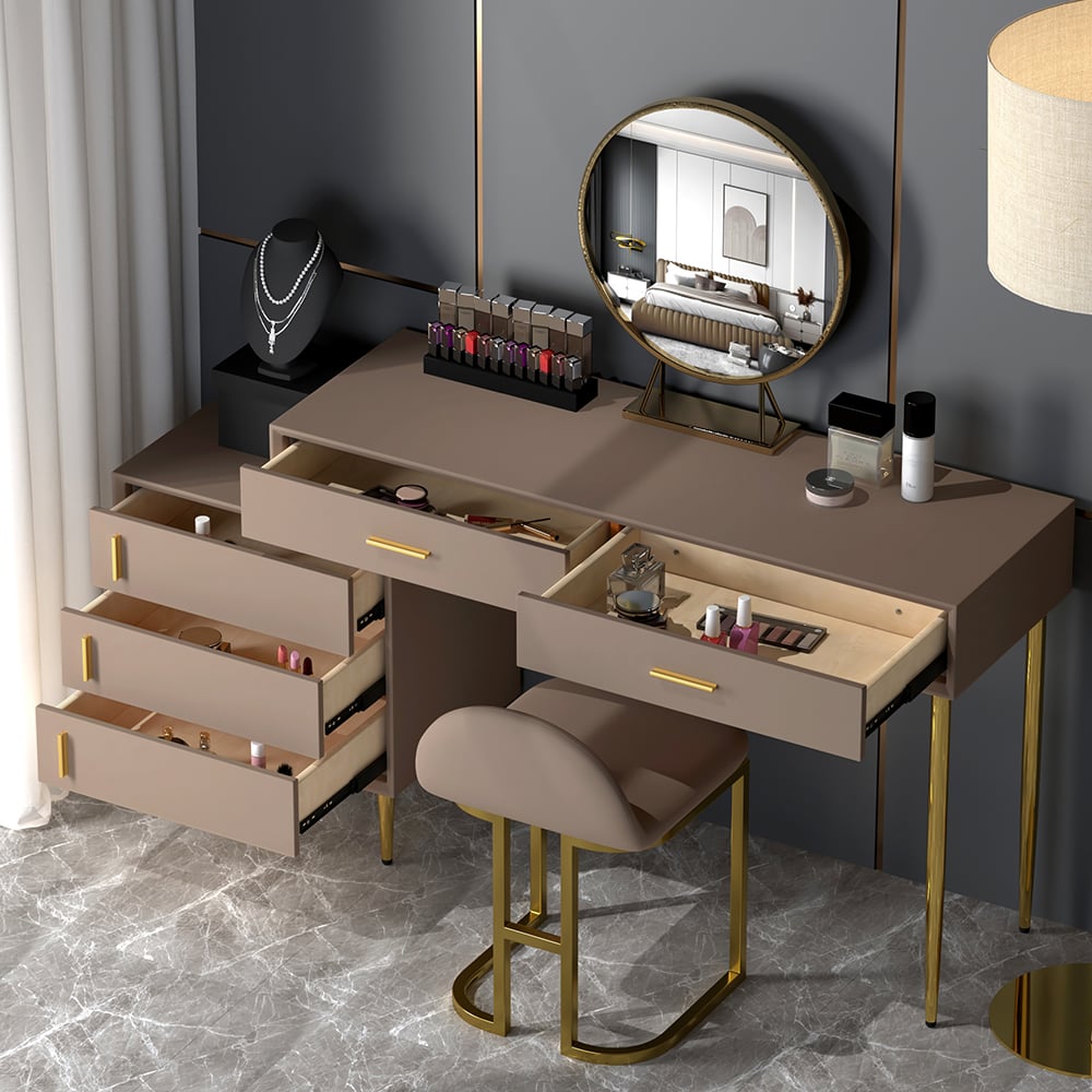 Questions and Answers for Modern Khaki Makeup Vanity Set Retracted Dressing Table Cabinet&Stool&Mirror Included