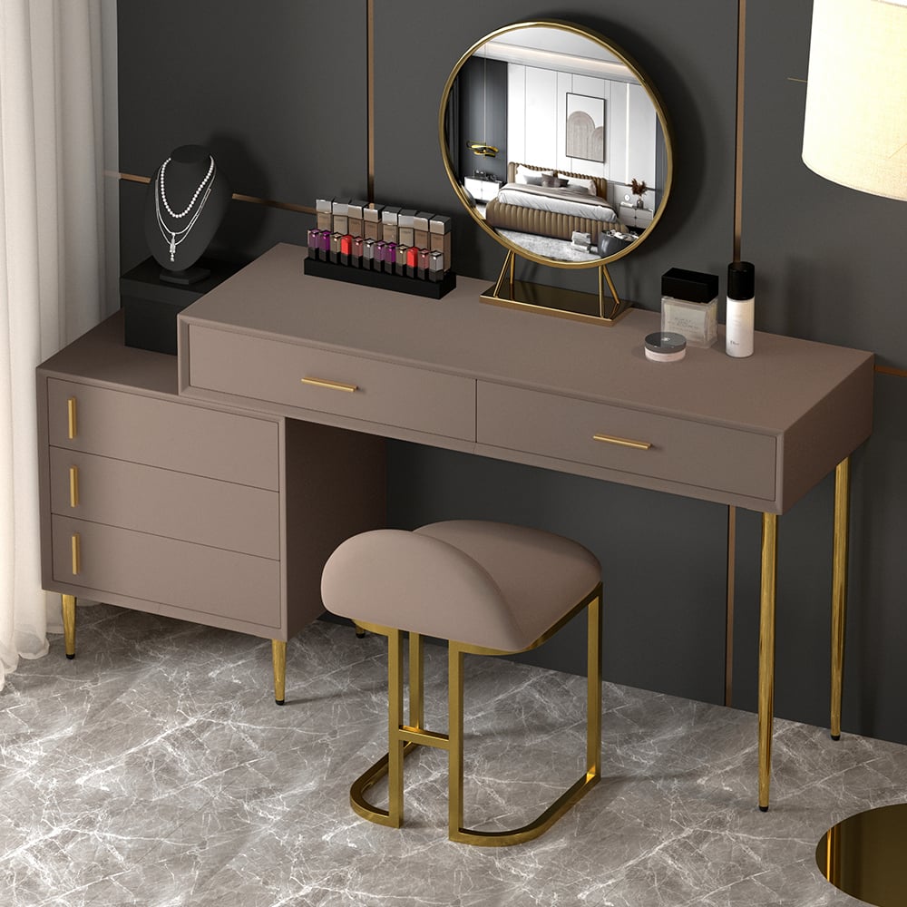Questions and Answers for Modern Khaki Makeup Vanity Set Retracted Dressing Table Cabinet&Stool&Mirror Included