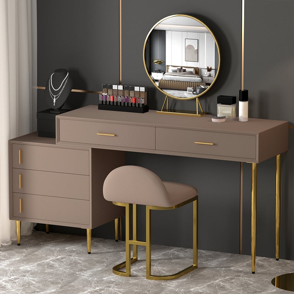 Questions and Answers for Modern Khaki Makeup Vanity Set Retracted Dressing Table Cabinet&Stool&Mirror Included