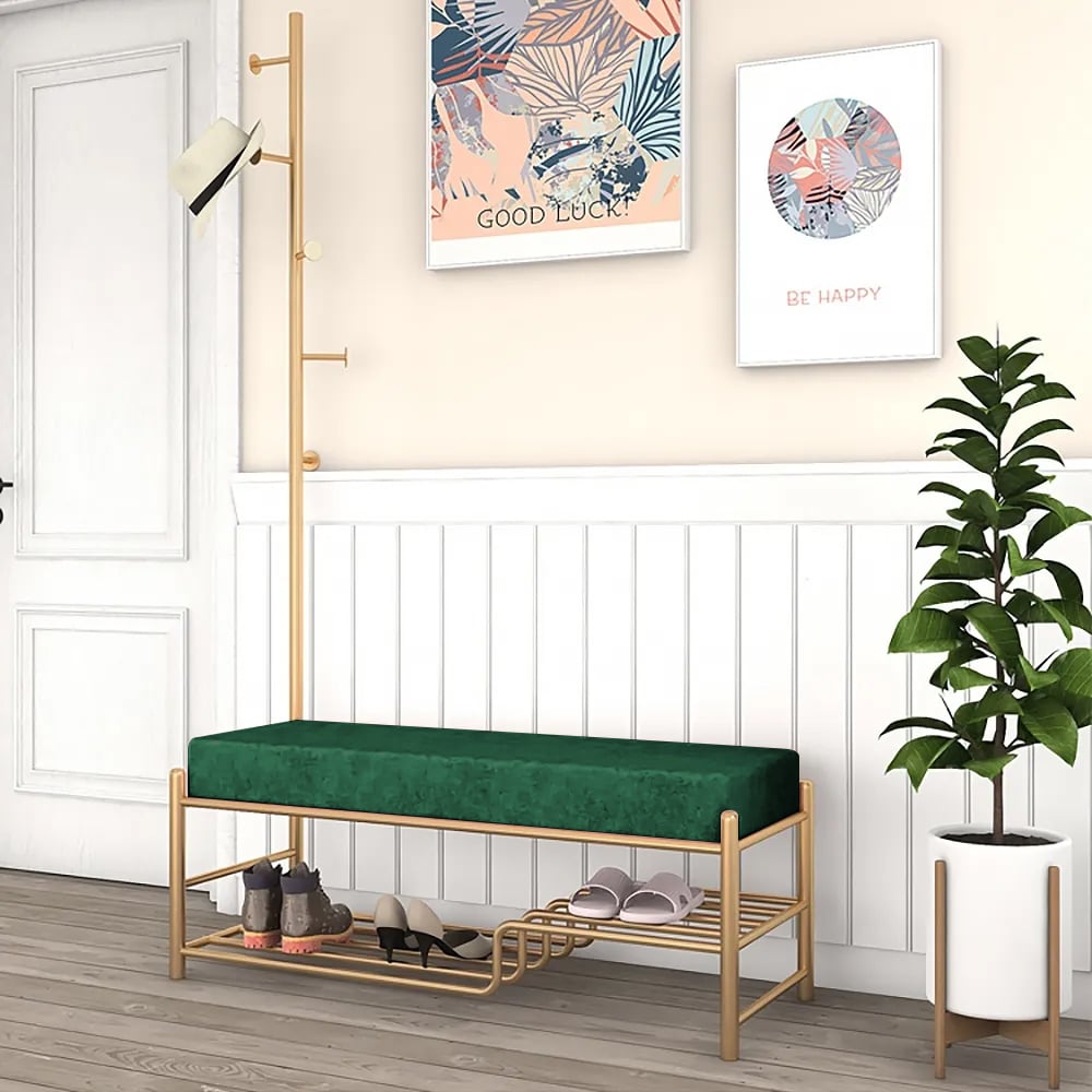 Questions and Answers for 1000mm Green Hallway Bench and Coat Stand Velvet Shoe Storage Bench with Coat Tree