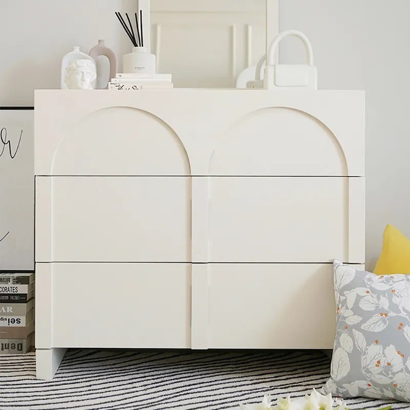 Questions and Answers for Japandi Cream White Dresser Nordic Arch Chest of 3 Drawers Storage Cabinet