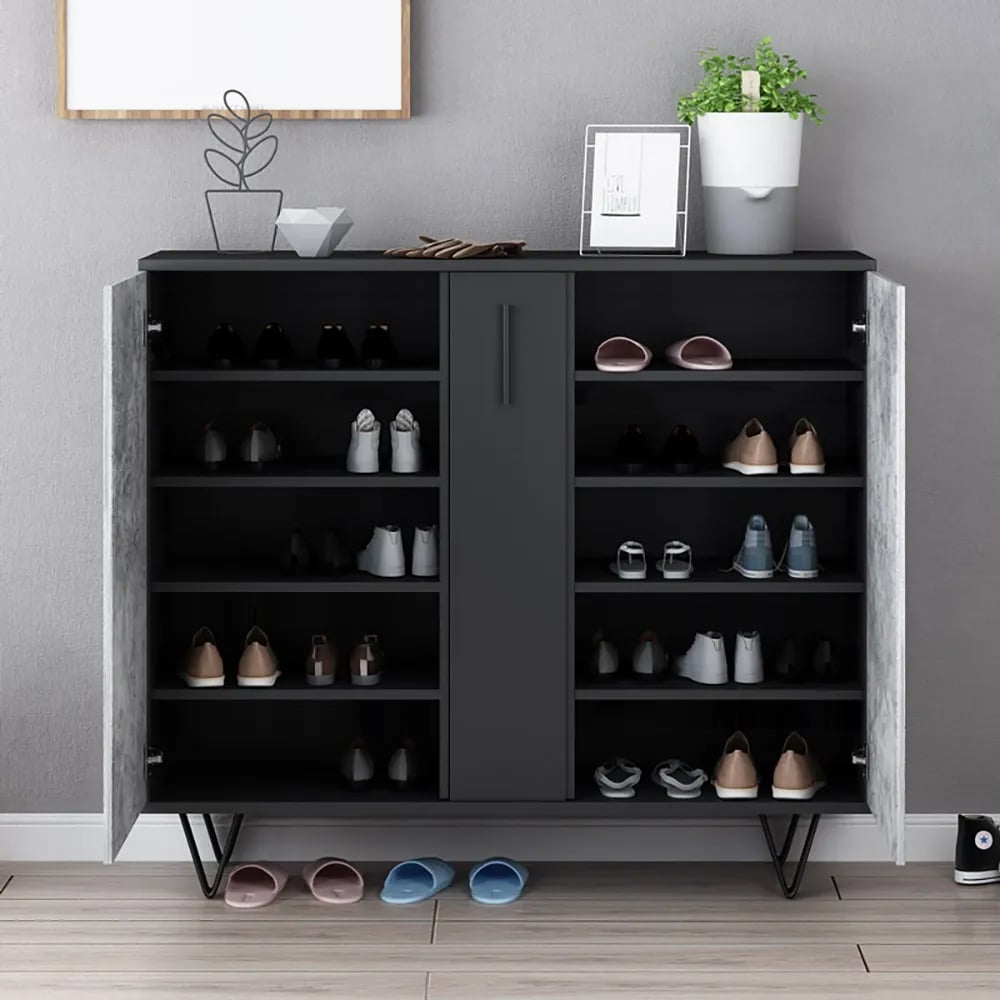 Klantrecensies voor Moderne schoenenkast grijze en zwarte schoenenorganizer met deuren planken lade in groot