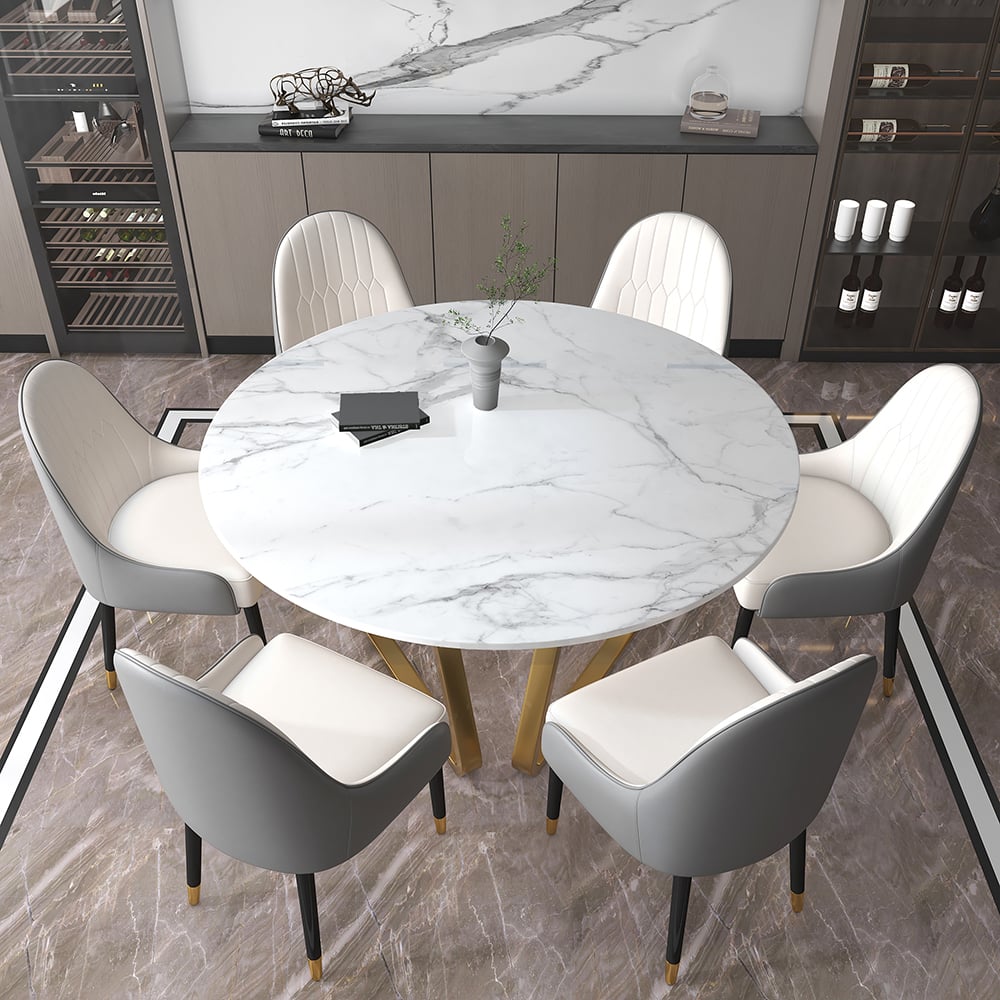Questions and Answers for 1500mm White Modern Round Faux Marble Dining Table Stainless Steel Base for 8 Seaters