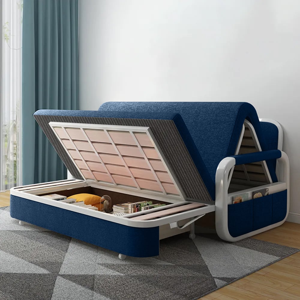 Hodnocení zákazníků pro položku 2-místná rozkládací pohovka z bavlněného prádla s úložným prostorem v modré barvě