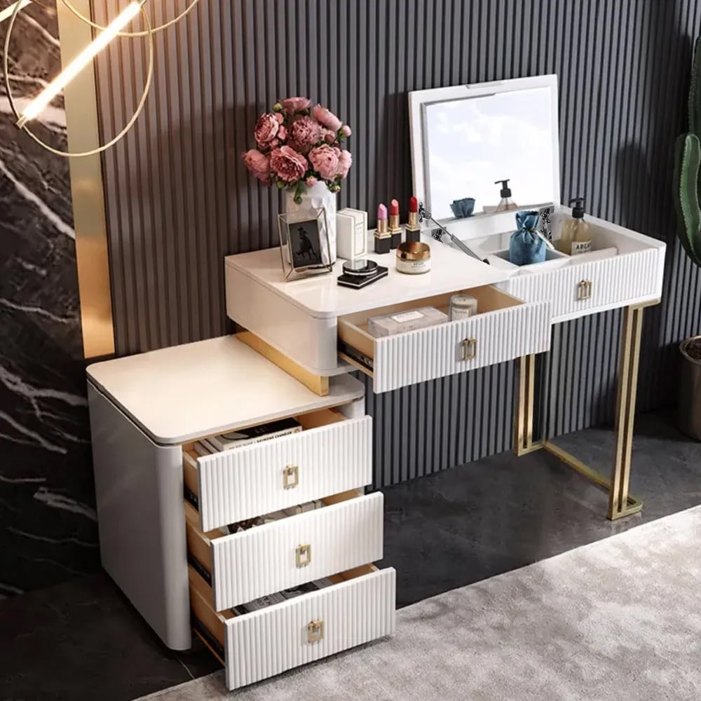 Questions and Answers for Modern Makeup Vanity Expandable Dressing Table with Cabinet Mirror Included