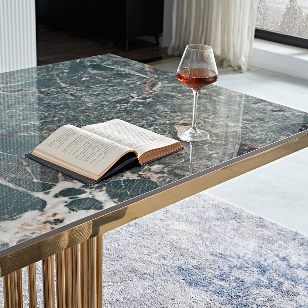 Kundenbewertungen für 1800 mm moderner rechteckiger glänzender Stein Esstisch Gold Edelstahl Sockel