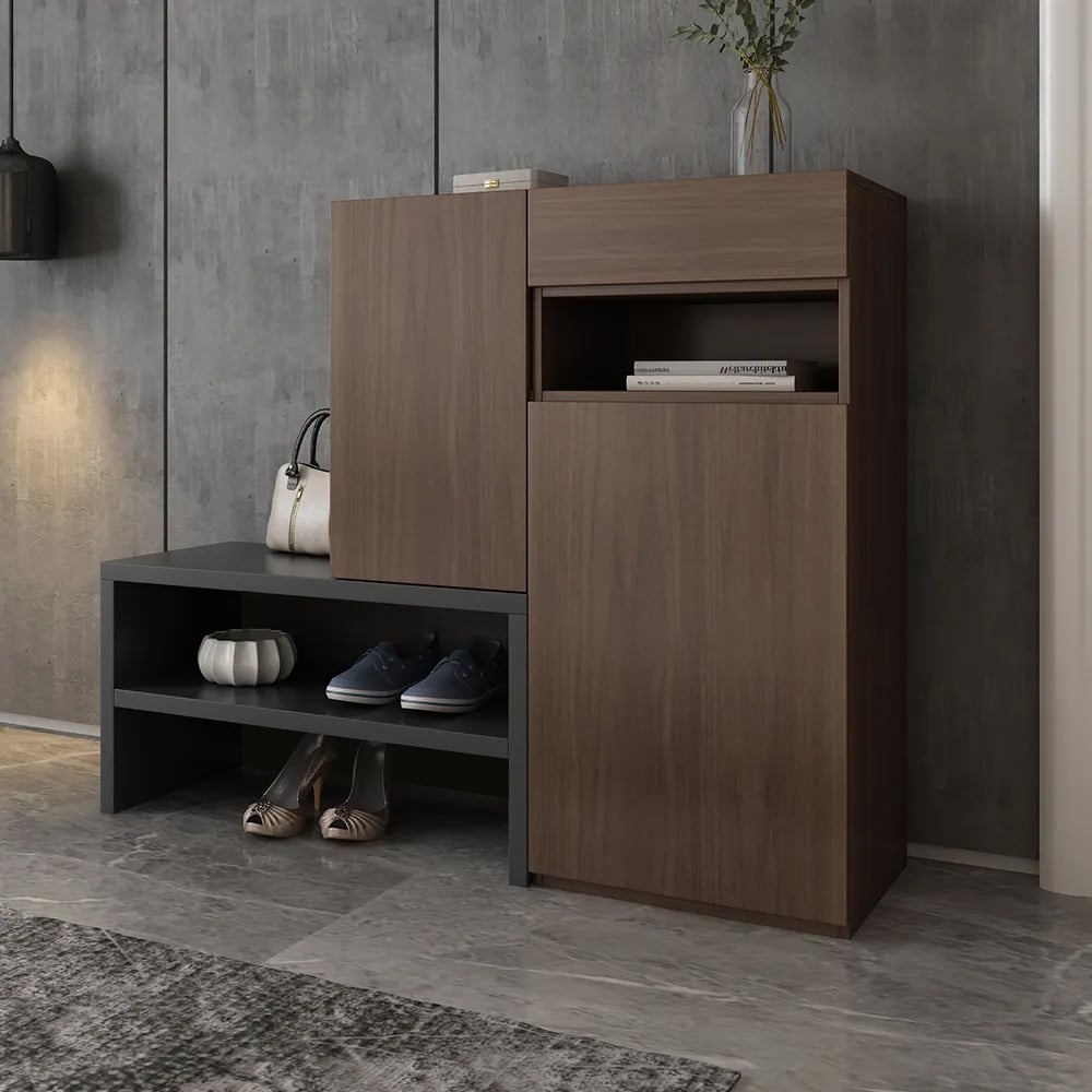 Questions and Answers for Fero Walnut Corner Shoe Storage Cabinet with 7 Shelves & 1 Drawer Entryway Shoe Storage