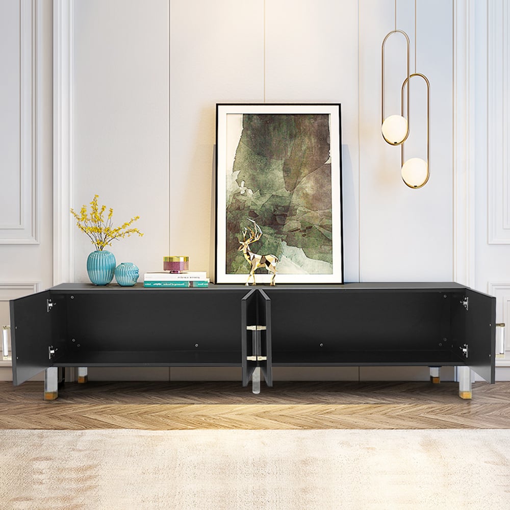 Questions and Answers for Modern Black Wood TV Stand with 4 Doors Acrylic Leg Media Console for 80" TVs