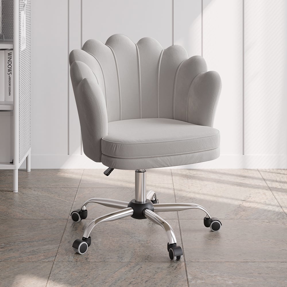 Questions et Réponses pour Chaise de bureau pivotante moderne rembourrée en velours gris réglable en hauteur