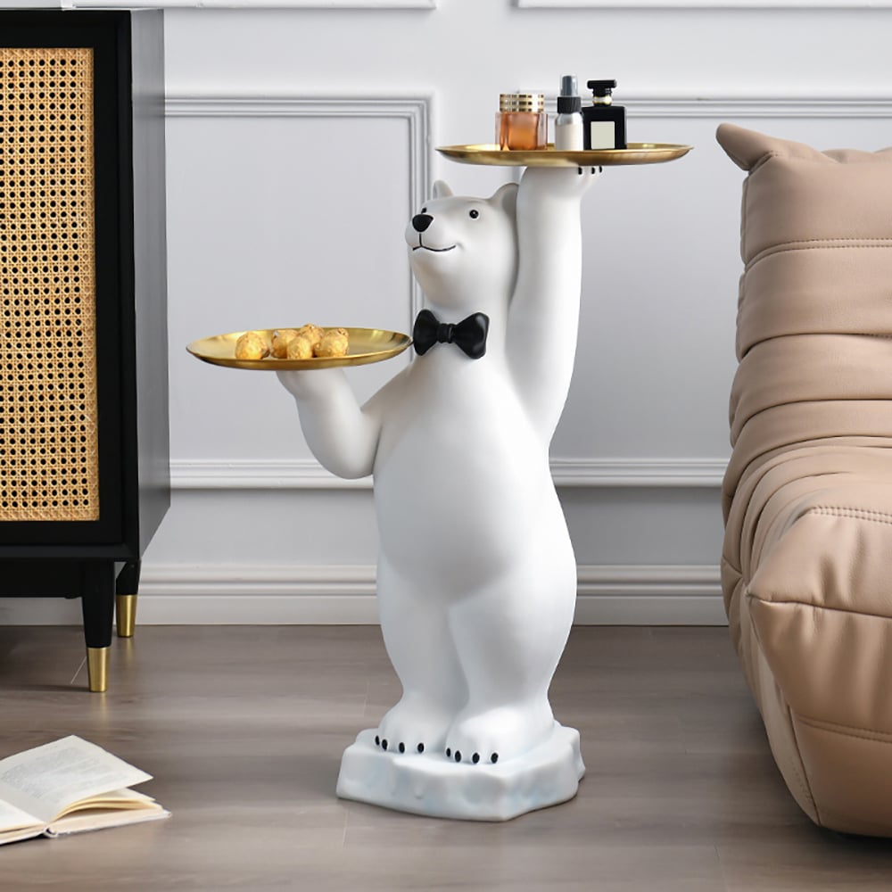Perguntas e respostas para Mesa lateral moderna de urso branco, bandeja em camadas de resina, mesa superior em ouro