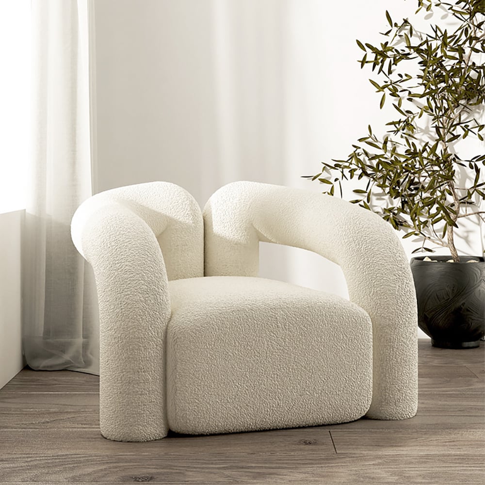Vragen en antwoorden voor Moderne witte boucle accentstoel Shaggy fauteuil voor woonkamer