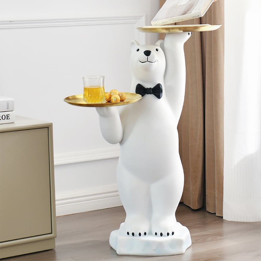 Perguntas e respostas para Mesa lateral moderna de urso branco, bandeja em camadas de resina, mesa superior em ouro